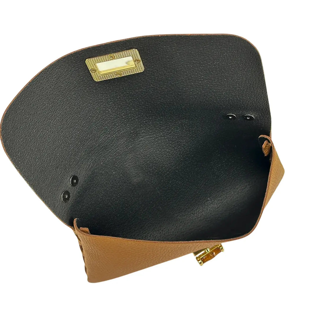 Bassini Borsa Donna Piccola in Pelle Cuoio con Tracolla Oro e Chiusura Girello Bambù