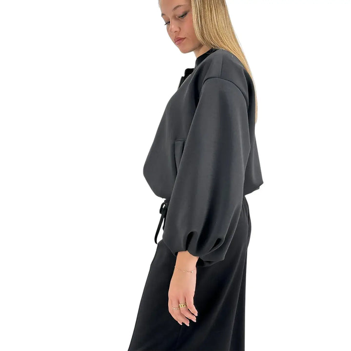 Bassini Giacchetto Donna Nero in Felpa con Zip, Maniche a Sbuffo e Tasche Laterali