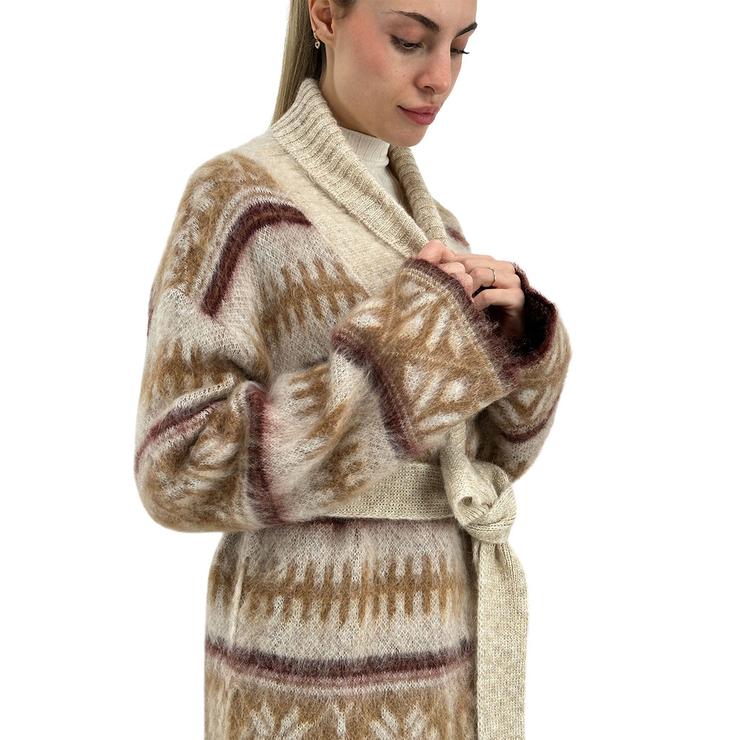 Kontatto Maglia Donna, Cardigan Lungo, Fantasia Geometrica, Beige