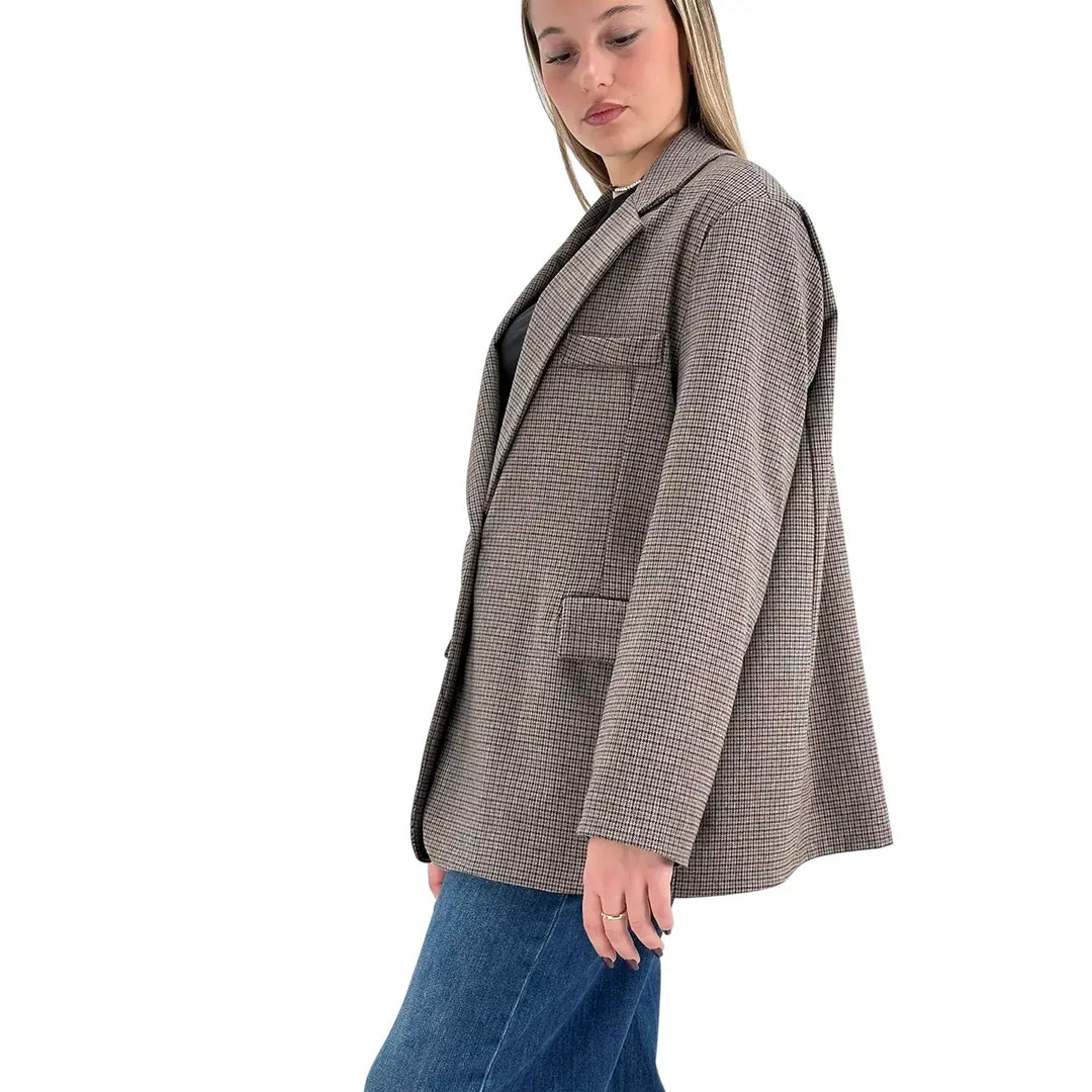 Bassini Giacca Donna Marrone Principe di Galles Monopetto Taglio Uomo Oversize con Tasche con Patta
