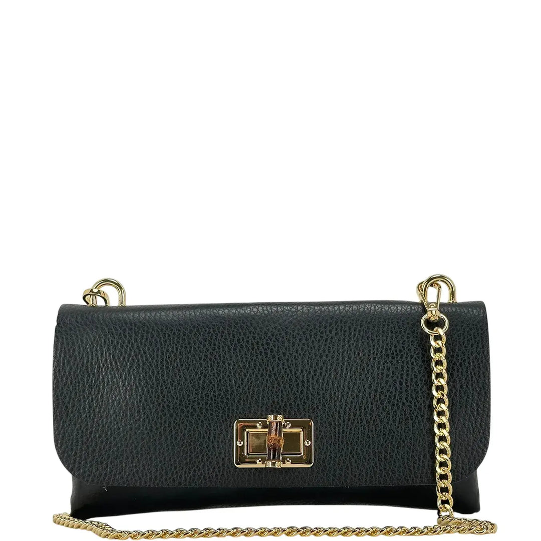 Bassini Borsa Donna Piccola in Pelle Nera con Tracolla Catena Oro e Chiusura Girello Bambù
