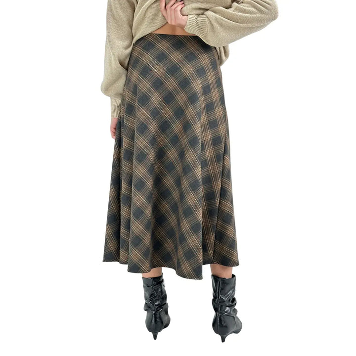 Bassini Gonna Donna Marrone e Beige a Ruota in Tessuto Tartan