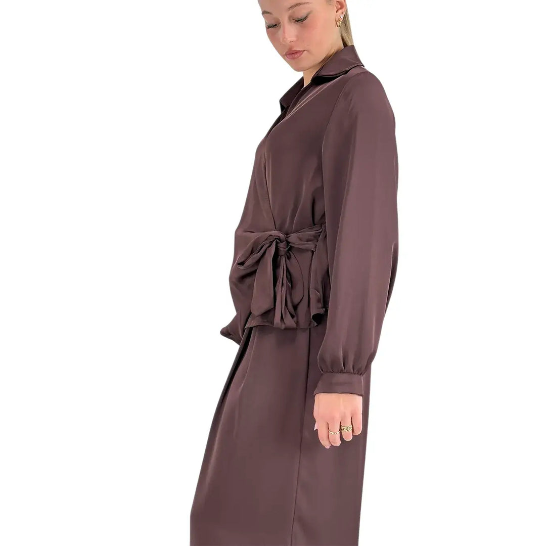 Bassini Camicia Donna Cioccolato Incrociata con Fiocco Laterale ed Elastico Posteriore