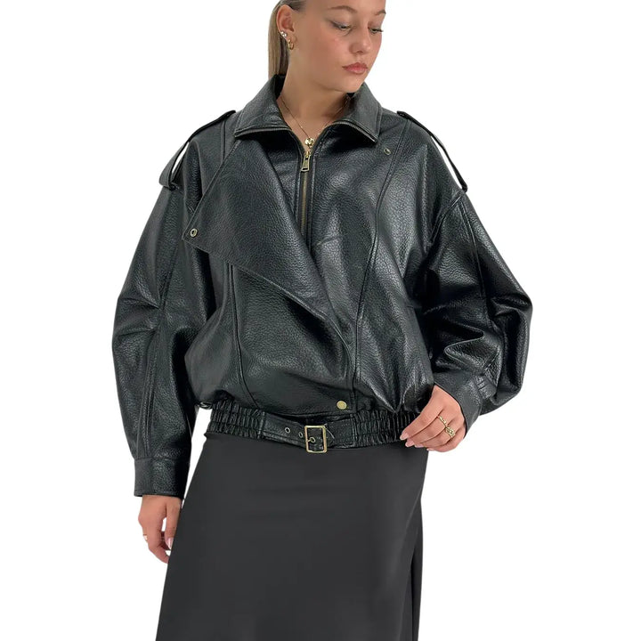 Bassini Bomber Donna Nero Oversize in Ecopelle Effetto Dollaro con Zip e Cintura in Vita