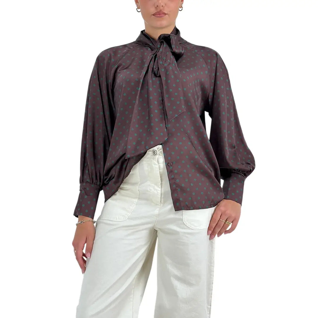 Bassini Camicia Donna Cioccolato con Pois Verdi, Maniche a Sbuffo e Collo con Fiocco