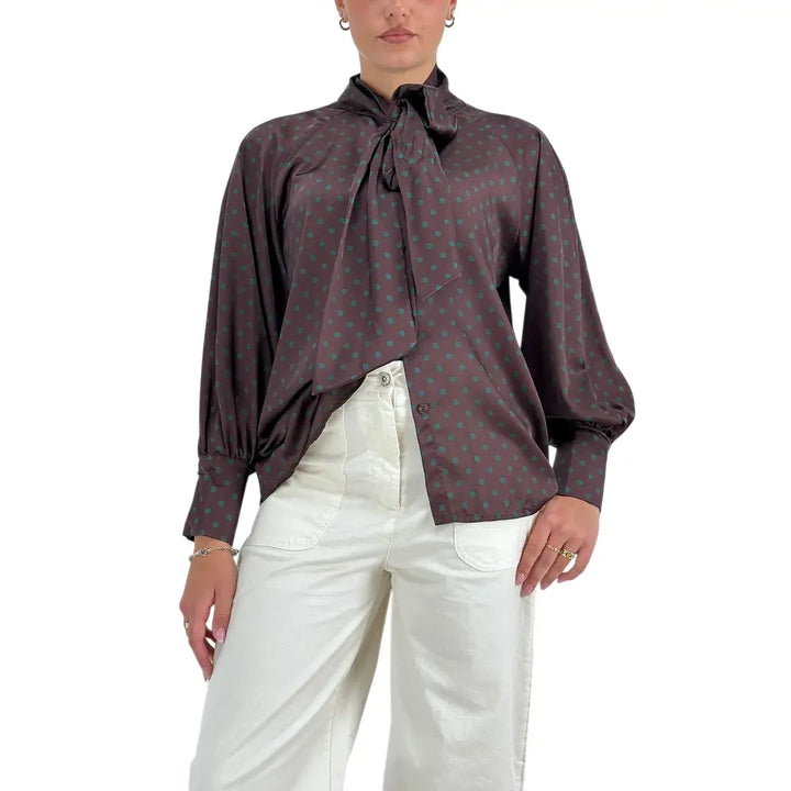 Bassini Camicia Donna Cioccolato con Pois Verdi, Maniche a Sbuffo e Collo con Fiocco