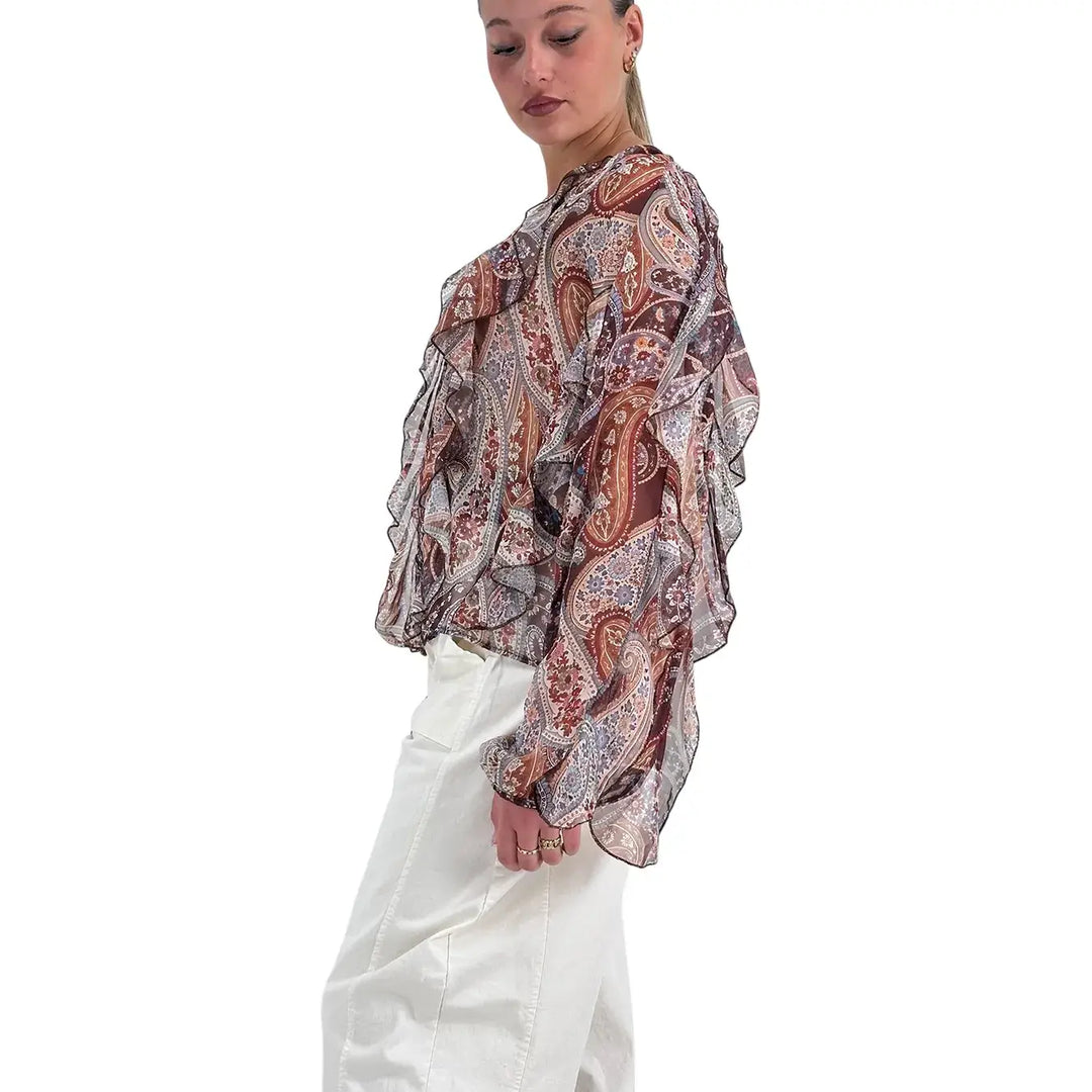 Bassini Blusa Donna Marrone con Stampa Cashmere, Scollo a V e Rouches sulle Maniche