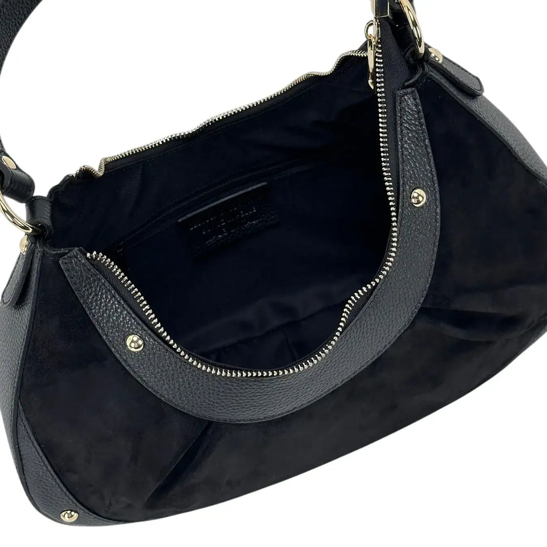 Bassini Borsa Donna a Mezza Luna in Pelle Scamosciata Nera con Rifiniture in Pelle Dollaro e Borchie Oro