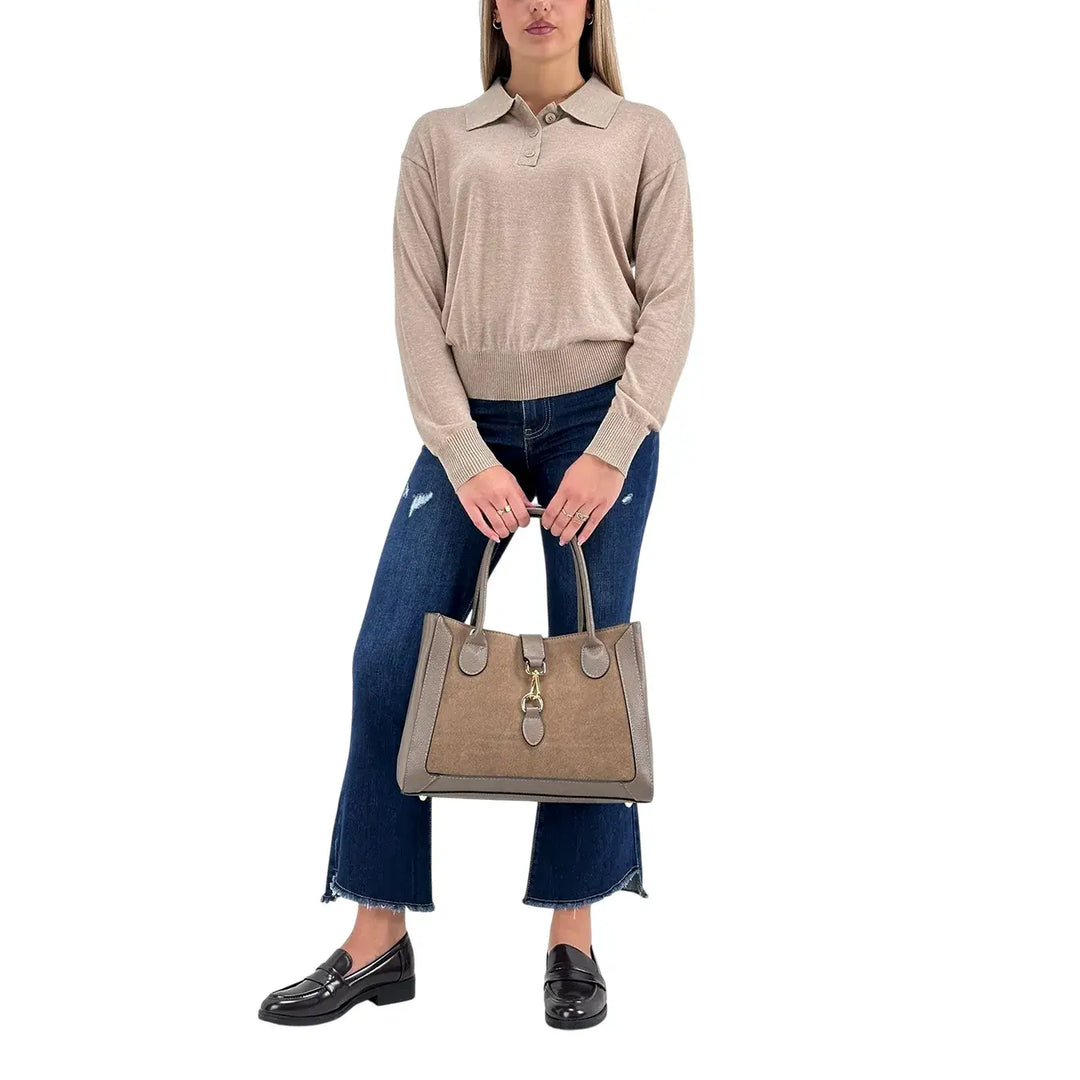 Bassini Maglia Donna Cammello Polo Crop Over a Tre Bottoni con Maniche Lunghe