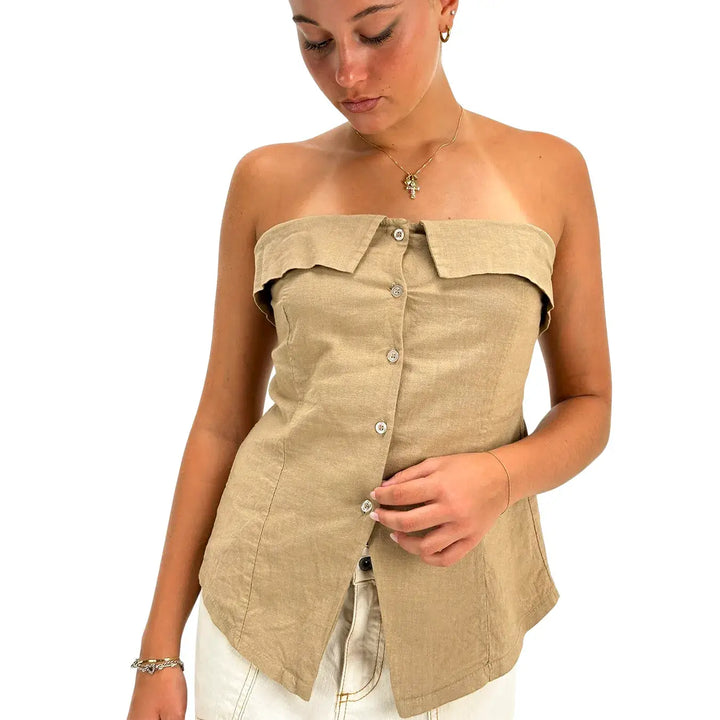 Bassini Top Donna Fango in Lino e Cotone con Scollo a Fascia Bottoni Frontali e Colletto Risvoltato
