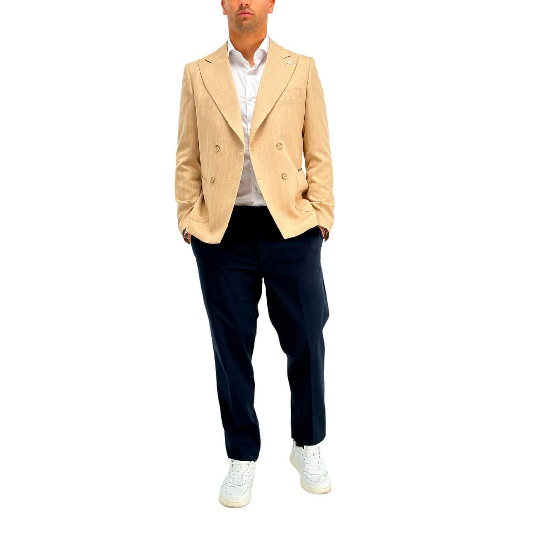 Edd Giacca Cerigotto Uomo, Doppio Petto, Tessuto Gessato, Beige, bassiniboutique