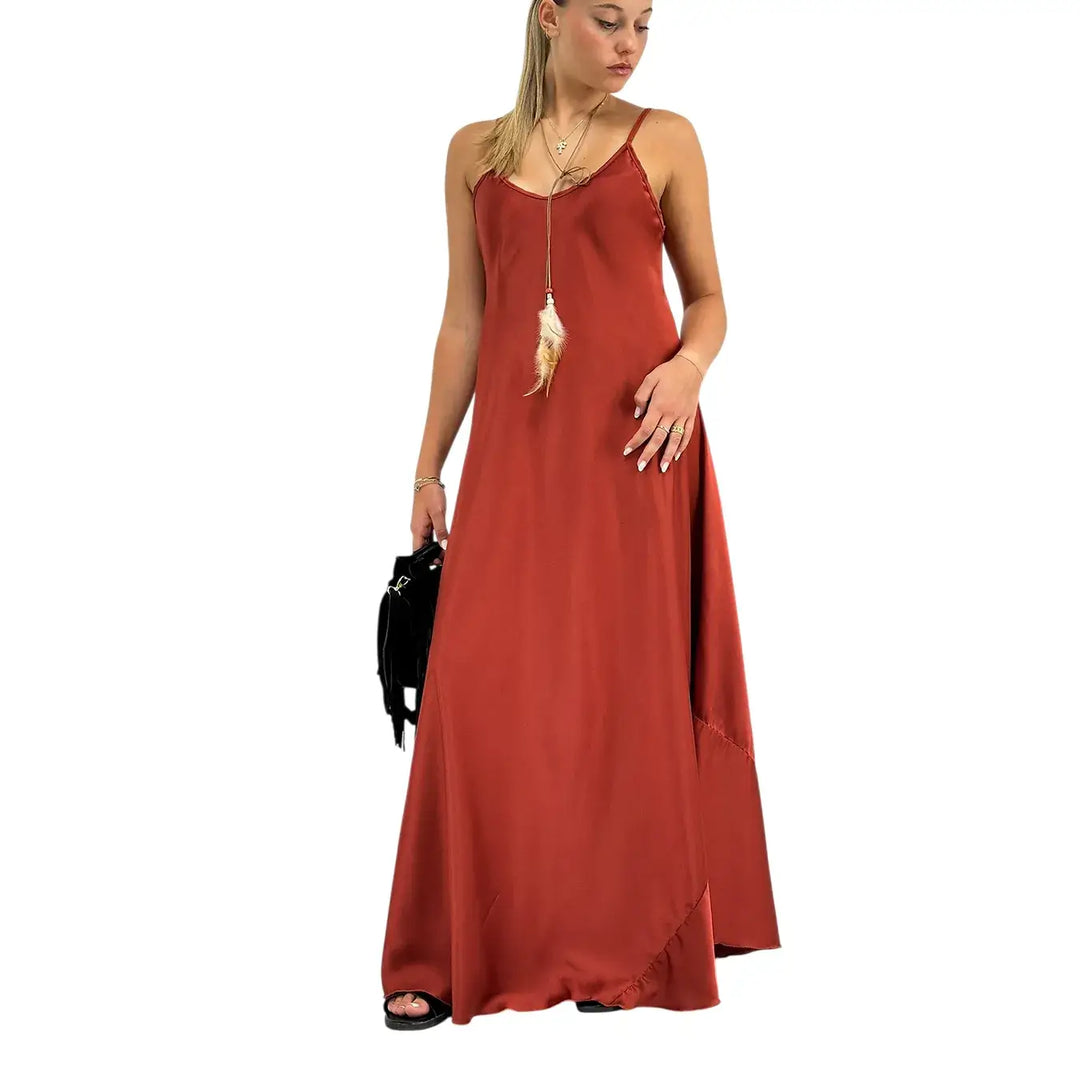 Bassini Abito Donna Terra di Siena Modello Sottoveste con Spallini e Collana Piuma Inclusa