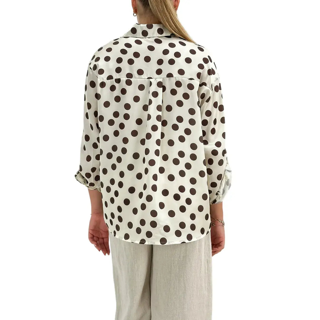 Bassini Camicia Donna Avorio con Pois Cioccolato Maniche Lunghe e Collo Francese