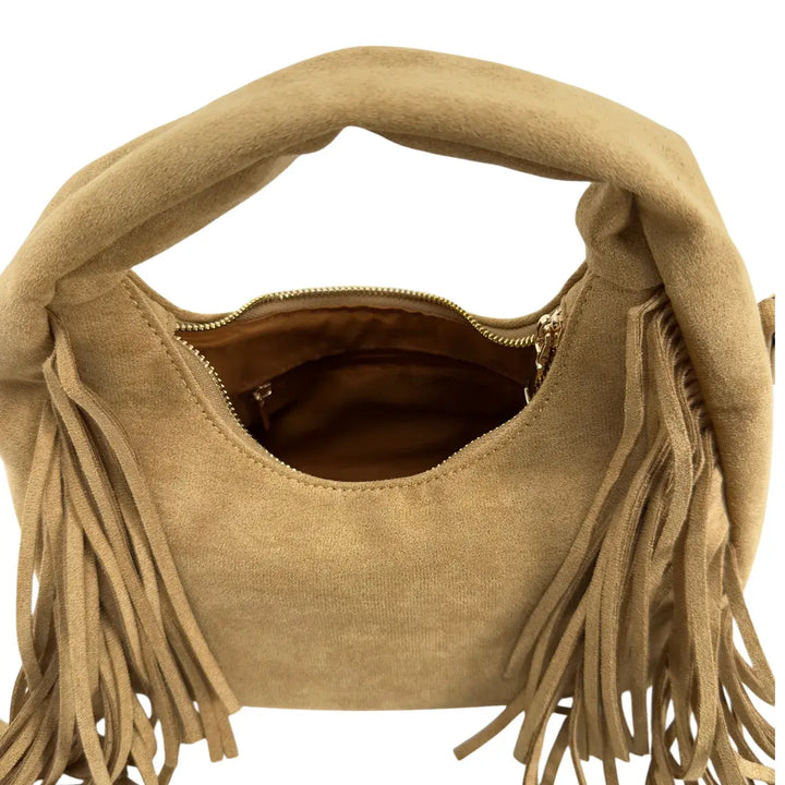 Bassini Borsa Donna in Ecopelle Albicocca a Spalla con Frange Laterali e Tracolla Catena Rimovibile