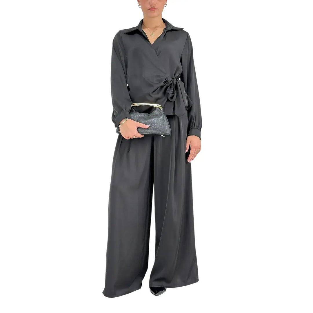 Bassini Pantaloni Donna Palazzo Nero Oversize con Elastico in Vita e Cintura a Fiocco