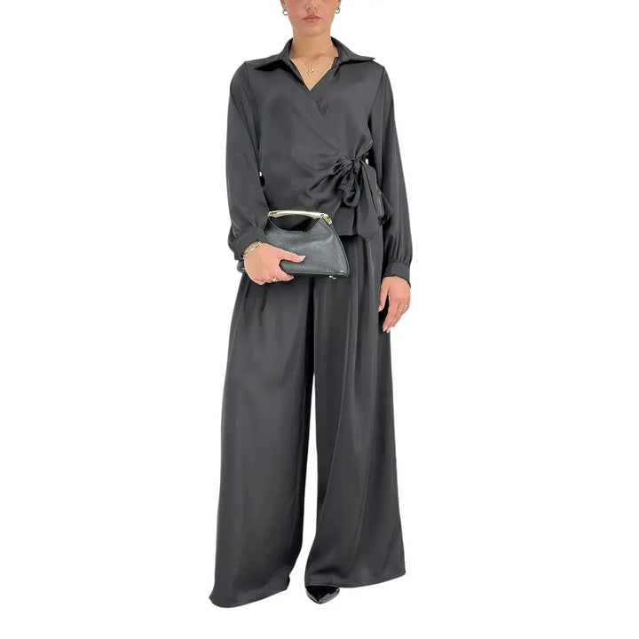 Bassini Pantaloni Donna Palazzo Nero Oversize con Elastico in Vita e Cintura a Fiocco