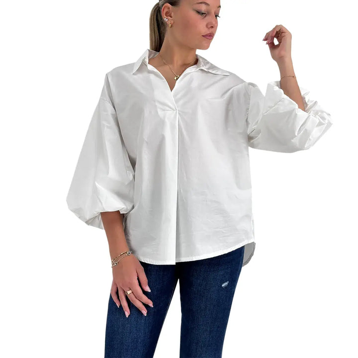Bassini Camicia Donna Bianca Oversize in Cotone con Maniche a Palloncino 3/4