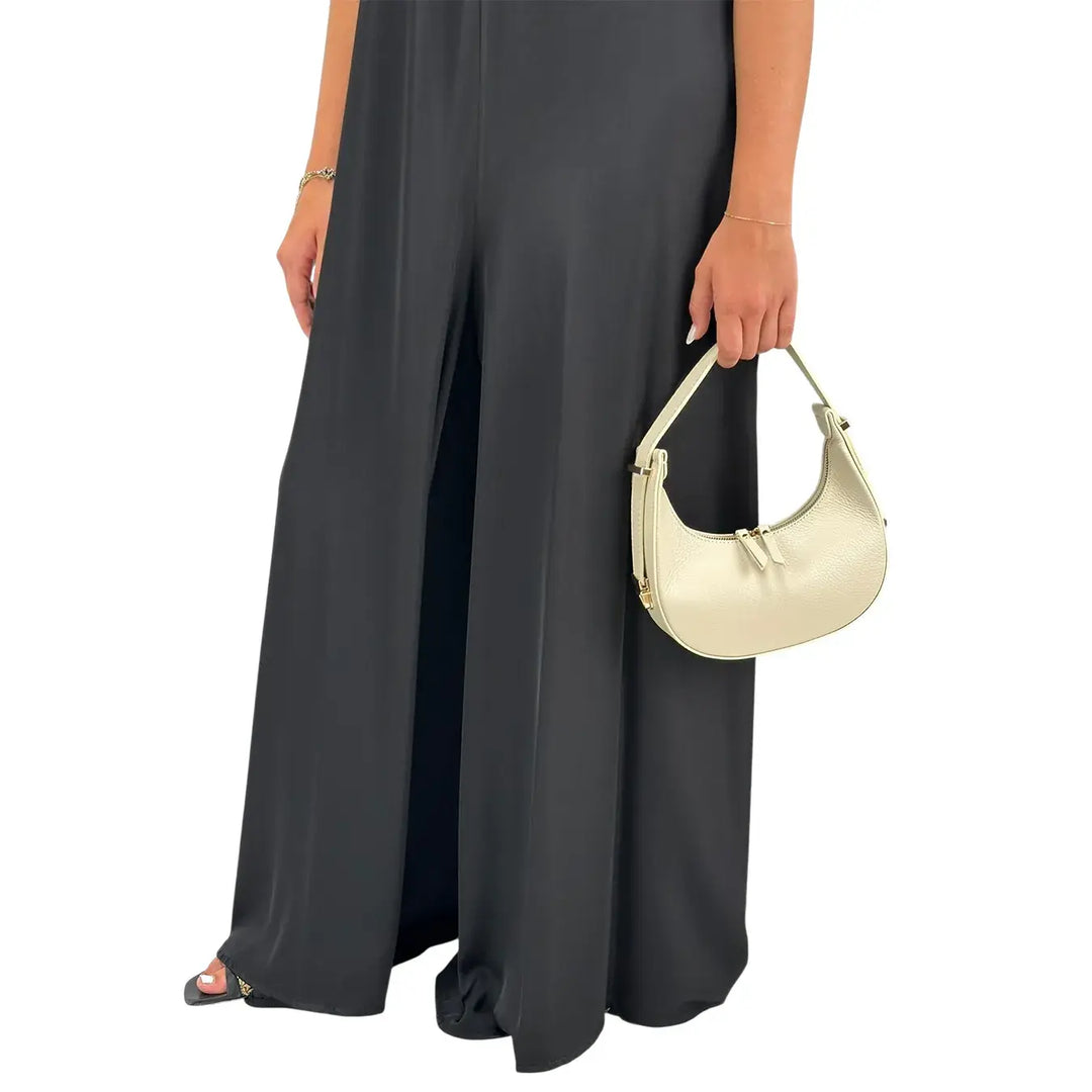 Bassini Tuta Donna Nera Elegante con Collo Americano, Fiocco sul Retro e Gamba Larga