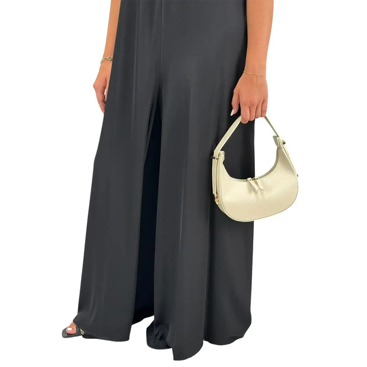 Bassini Tuta Donna Nera Elegante con Collo Americano, Fiocco sul Retro e Gamba Larga