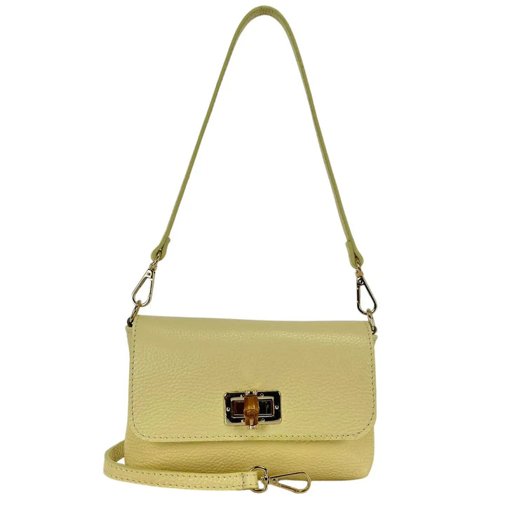 Bassini Borsa Donna Mini in Pelle Gialla con Pattina Chiusura Girello Bambù e Tracolla Rimovibile