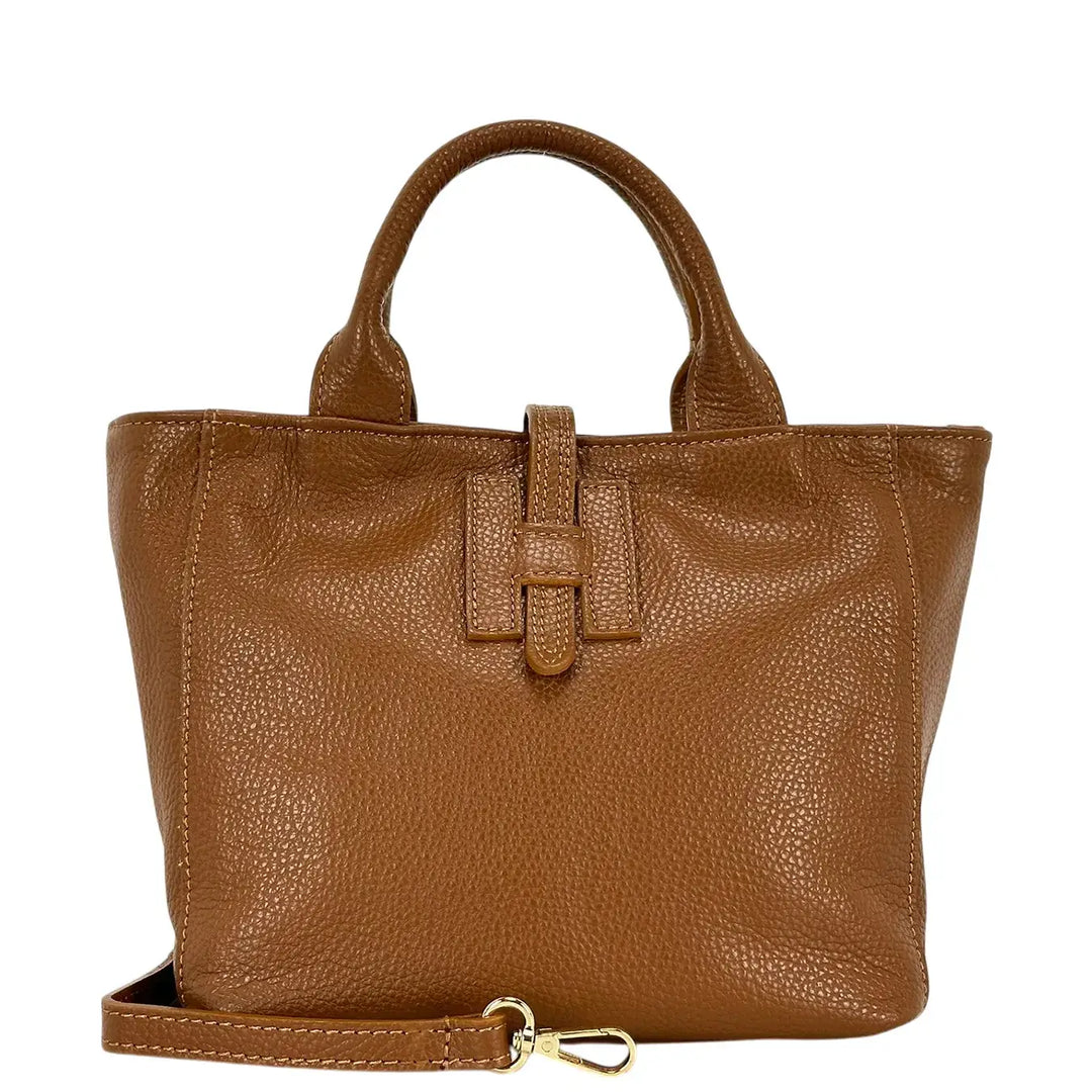 Bassini Borsa Donna in Pelle Cognac con Due Manici Tracolla Rimovibile e Chiusura H Magnetica
