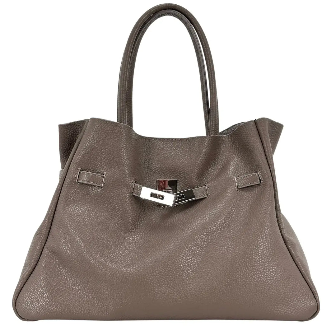 Bassini Borsa Donna in Pelle Taupe con Due Manici, Tracolla Rimovibile e Chiusura Magnetica