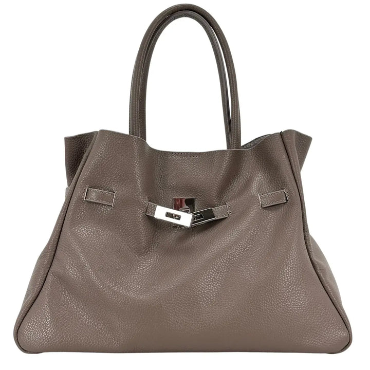 Bassini Borsa Donna in Pelle Taupe con Due Manici, Tracolla Rimovibile e Chiusura Magnetica