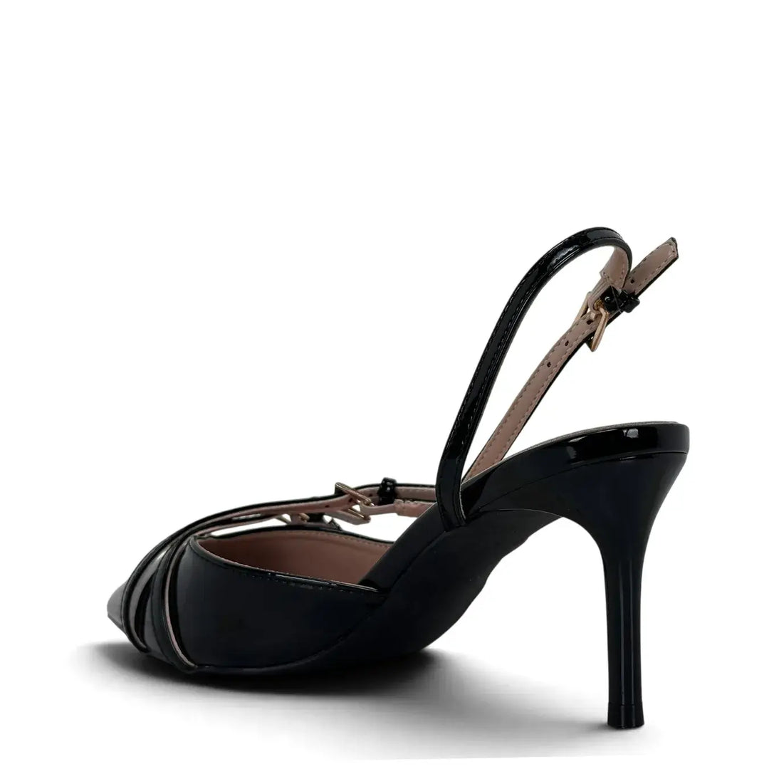 Bassini Slingback Donna in Ecopelle Verniciata Nera con Doppio Cinturino e Fibbiette Oro Tacco 7,5 cm