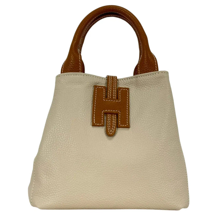 Bassini Borsa Donna in Pelle Avorio e Cognac con Due Manici Tracolla Rimovibile e Chiusura H Magnetica