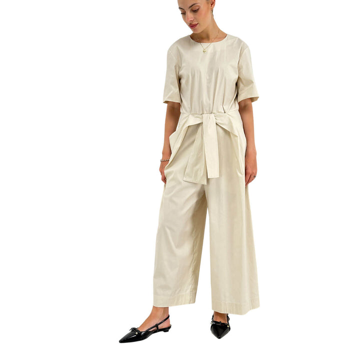 Meimeij Tuta Donna, Girocollo, Fiocco Frontale, A Pantalone, Beige