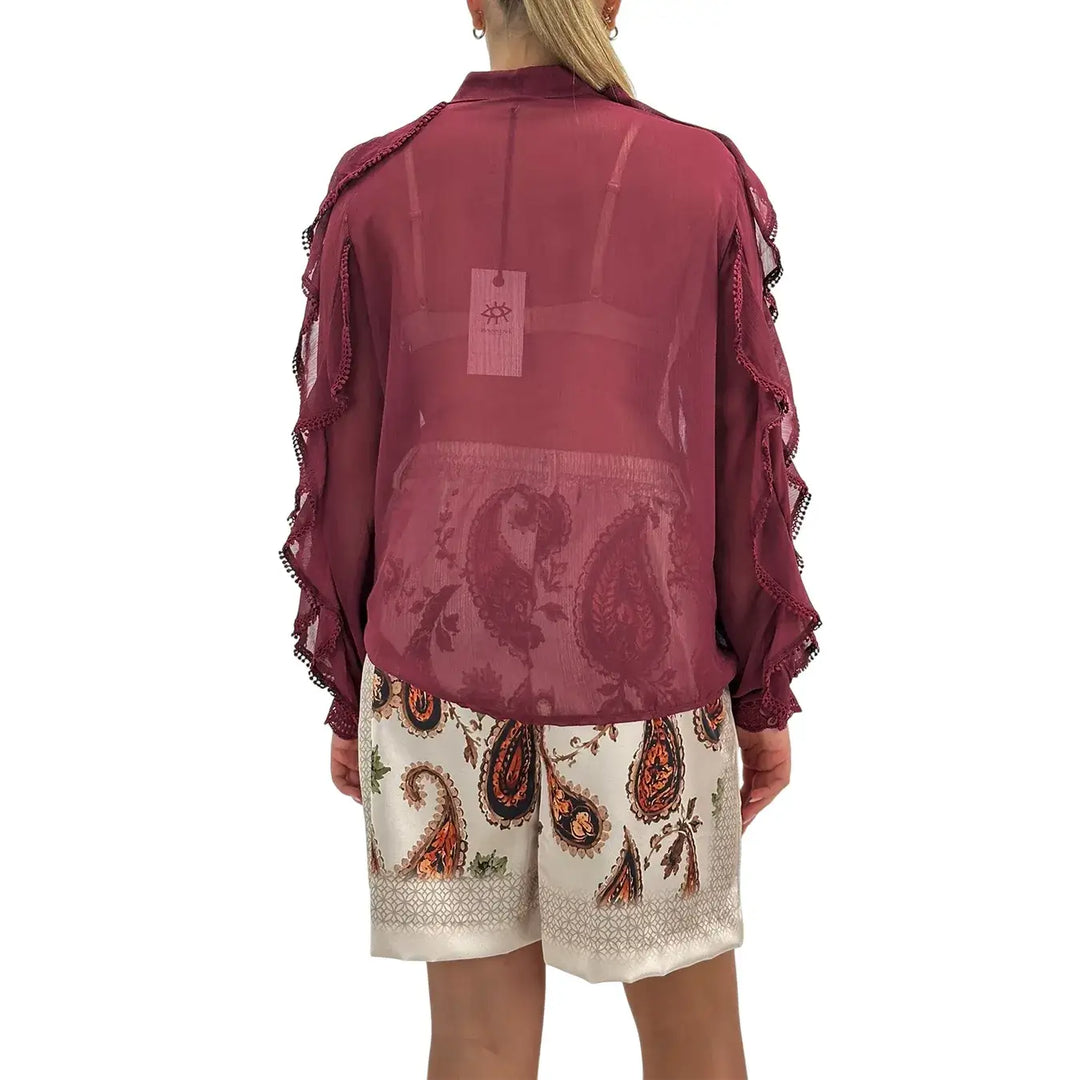 Bassini Camicia Donna Burgundy con Rouches Maniche Lunghe Collo alla Coreana e Tessuto Plissettato