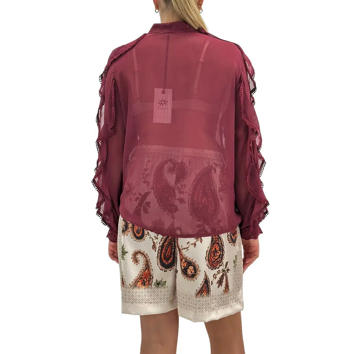 Bassini Camicia Donna Burgundy con Rouches Maniche Lunghe Collo alla Coreana e Tessuto Plissettato