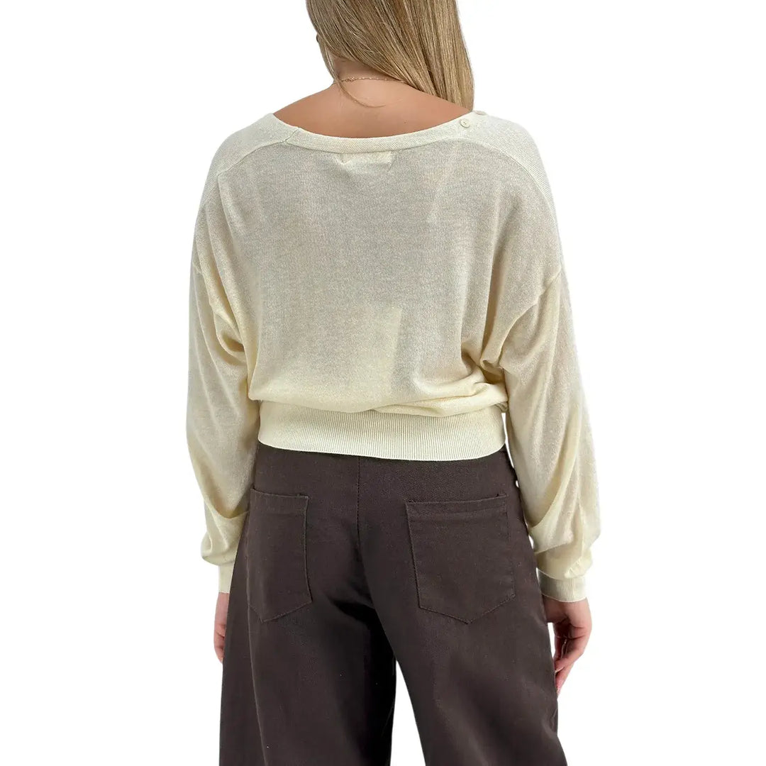 Bassini Cardigan Donna Avorio Crop Over con Bottoncini sul Collo e Maniche Lunghe