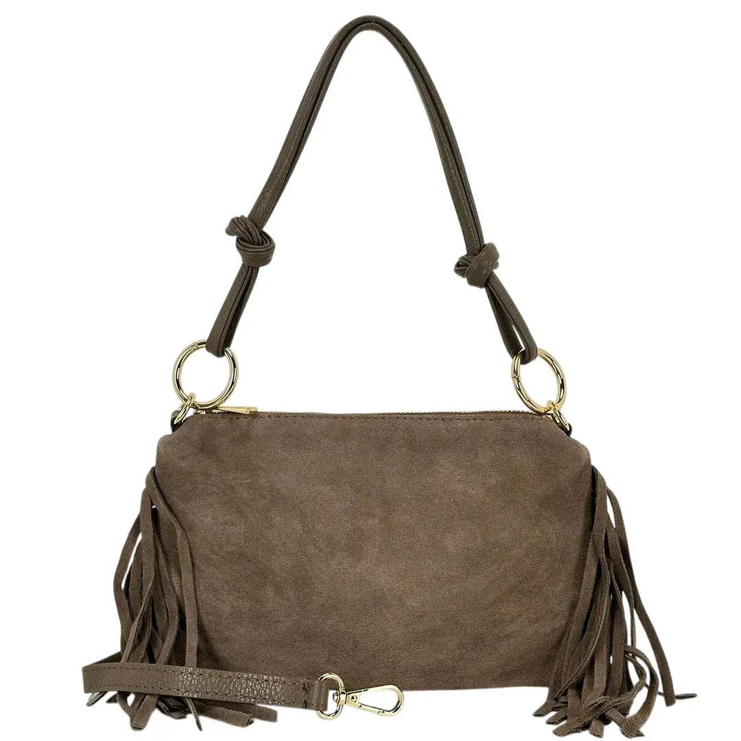 Bassini Borsa Donna in Pelle Scamosciata Taupe con Frange Laterali e Tracolla Intercambiabile