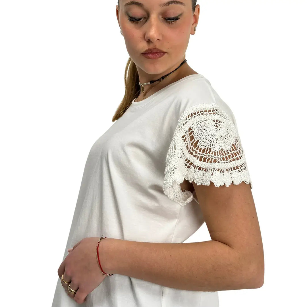 Bassini, T-Shirt Crochet, Donna, Cotone, Bianco