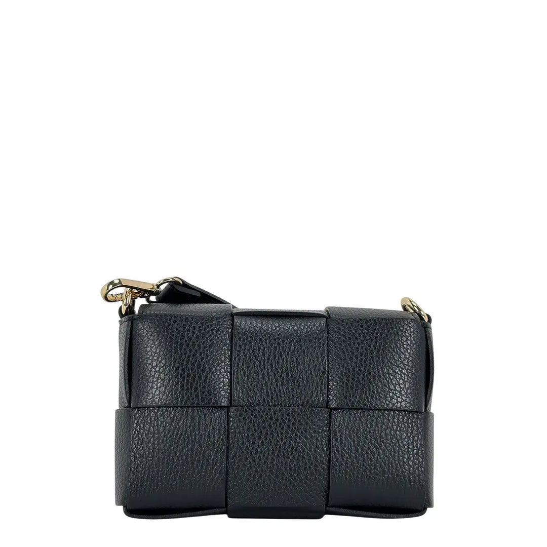 Bassini Borsa Donna Piccola in Pelle Nera Intrecciata con Tracolla Rimovibile e Patta Magnetica