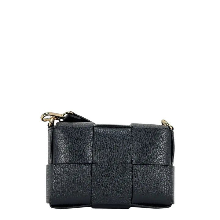 Bassini Borsa Donna Piccola in Pelle Nera Intrecciata con Tracolla Rimovibile e Patta Magnetica