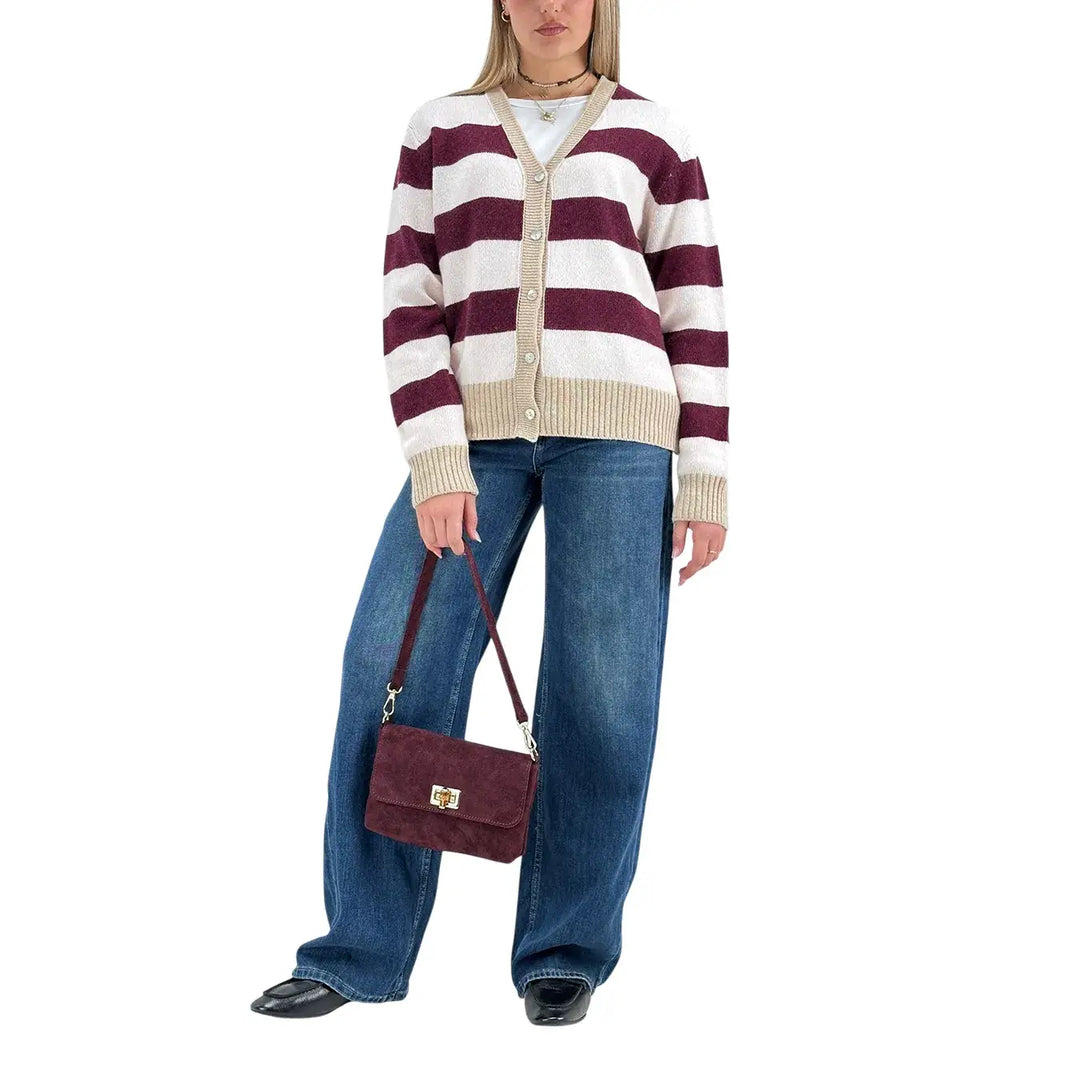 Bassini Cardigan Donna Borgogna e Cipria a Righe con Cinque Bottoni e Coste Cammello