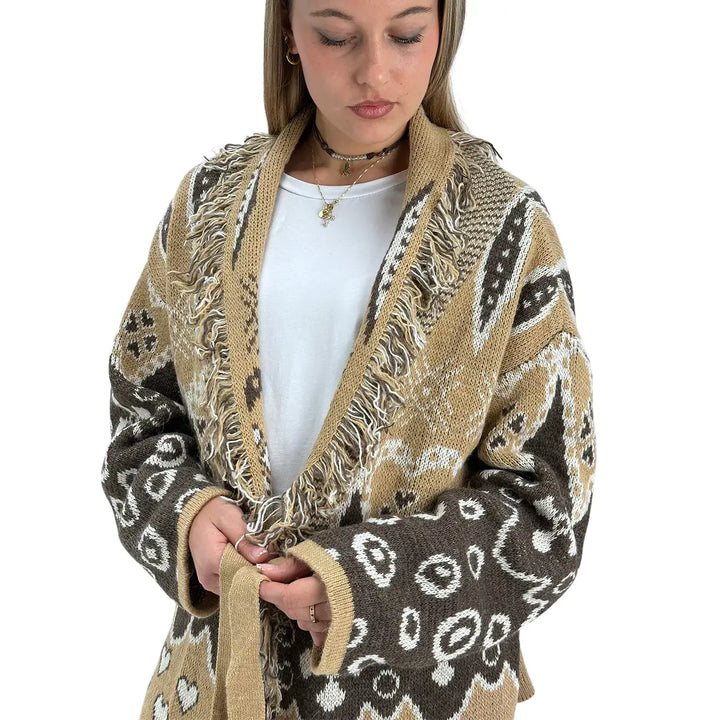 Bassini Maglia Donna Beige e Moro Aperta con Cintura in Maglia, Bordi Sfrangiati e Ricamo Cuori