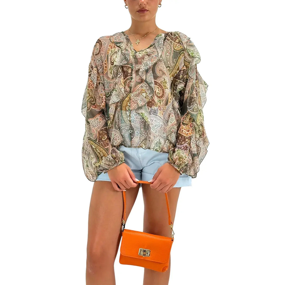 Bassini Blusa Donna Verde con Fantasia Damascata, Ruches e Bottoncini Frontali