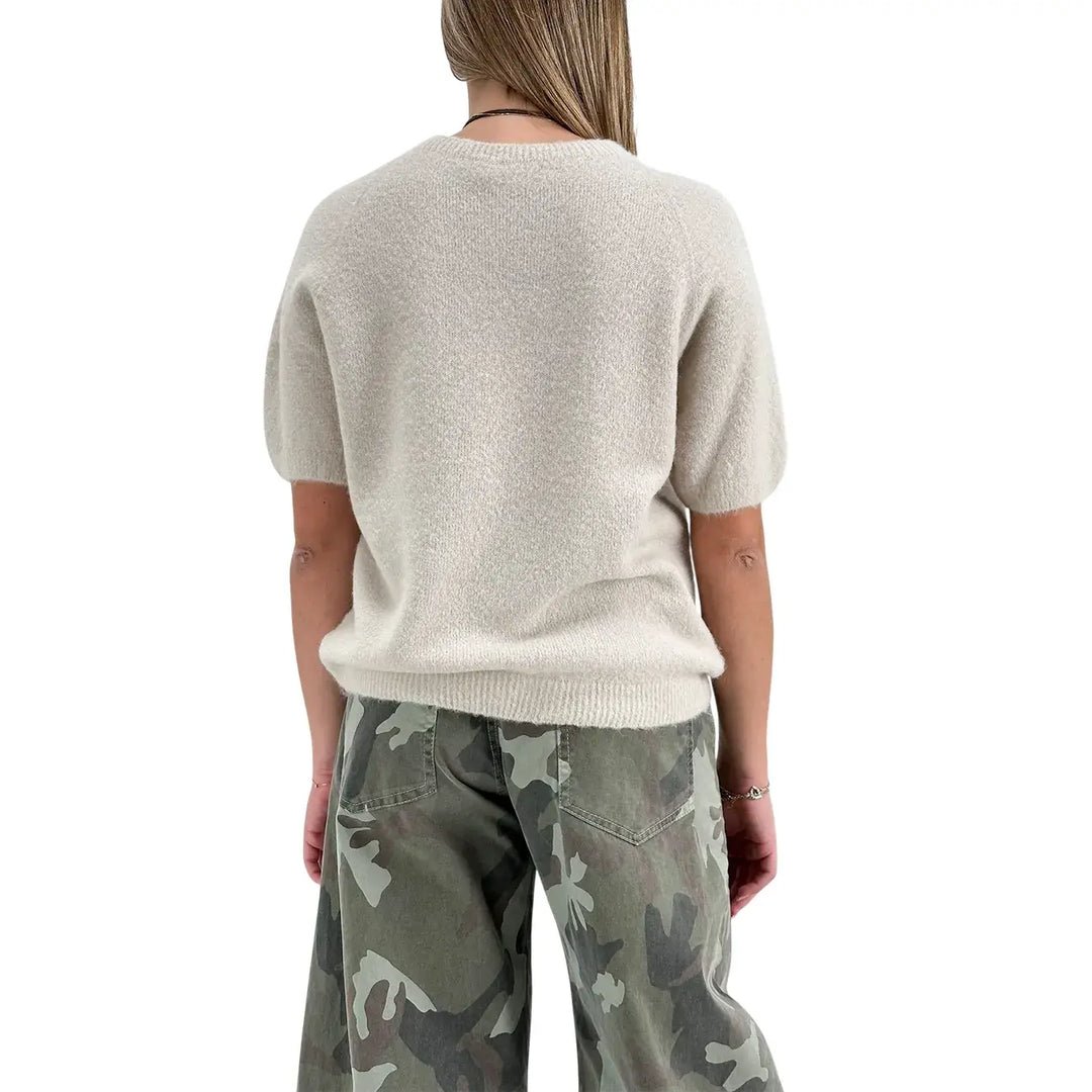 Bassini Maglia Donna Cipria Chiaro Girocollo Oversize con Maniche Corte Raglan e Orlo a Costine