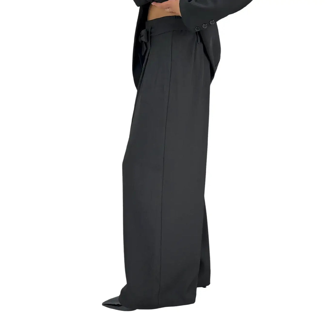 Bassini Pantaloni Donna Palazzo Nero Oversize in Tessuto Morbido Effetto Raso con Cintura a Fiocco