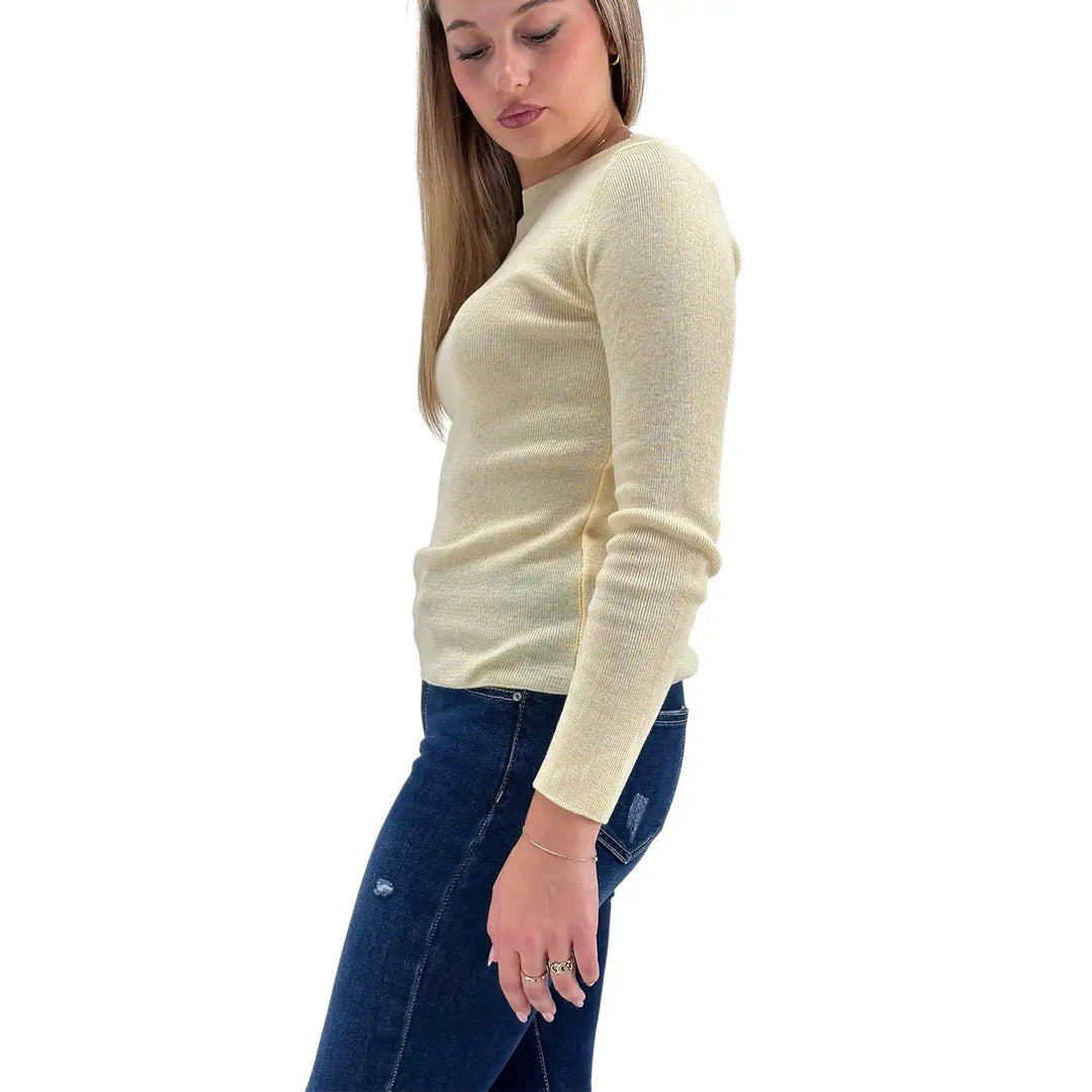 Bassini Maglia Donna Ecrù a Micro Costine con Girocollo e Maniche Lunghe