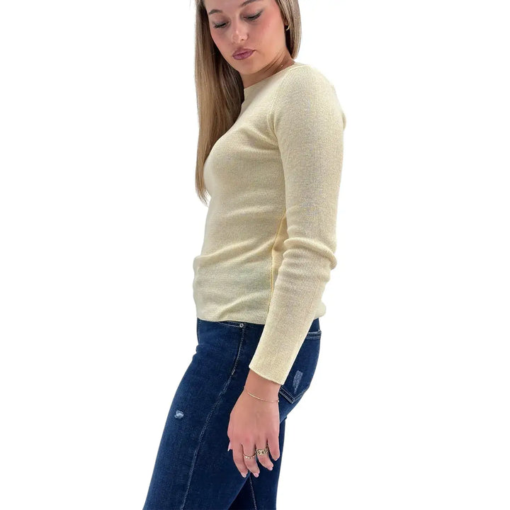 Bassini Maglia Donna Ecrù a Micro Costine con Girocollo e Maniche Lunghe