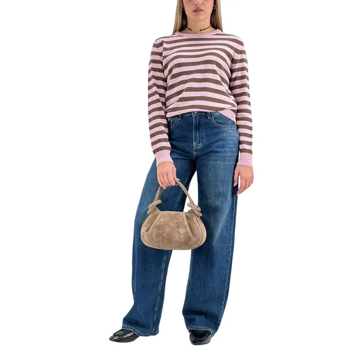 Bassini Maglia Donna Rosa a Righe Cioccolato Girocollo Oversize con Maniche Lunghe