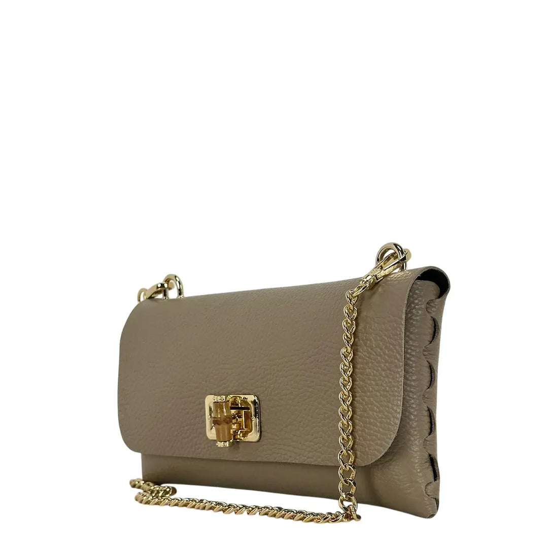 Bassini Borsa Donna Piccola in Pelle Taupe con Tracolla Oro e Chiusura Girello Bambù