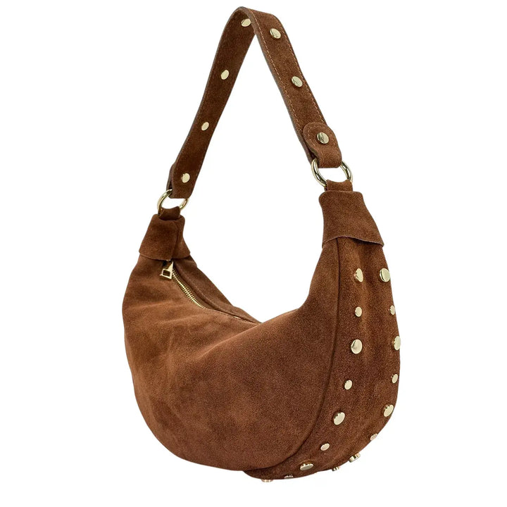 Bassini Borsa Donna Mezza Luna in Pelle Scamosciata con Borchie Oro e Tracolla Intercambiabile Cognac