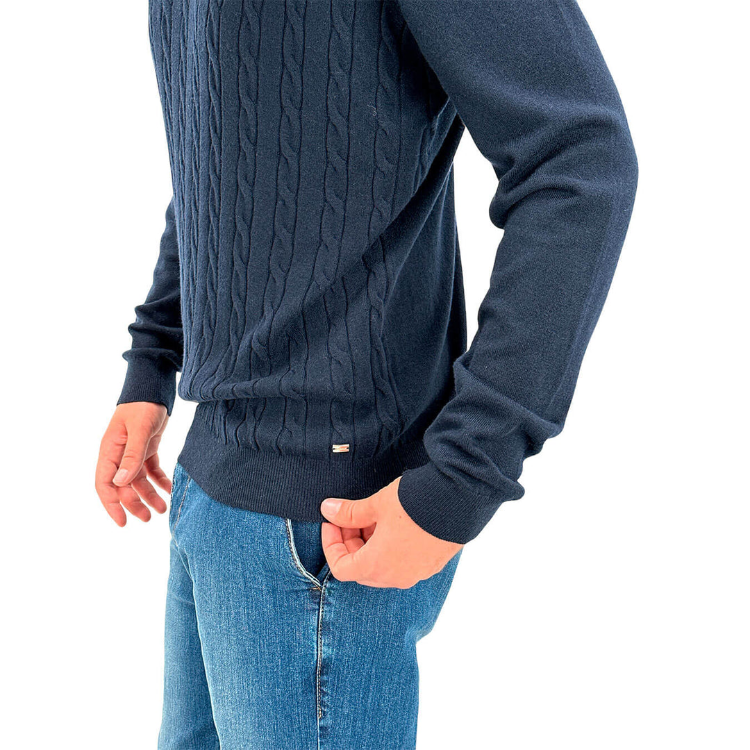 MarKup Men's Sweater, Crew Neck, Braid Pattern, Mixed Fabric, Blue