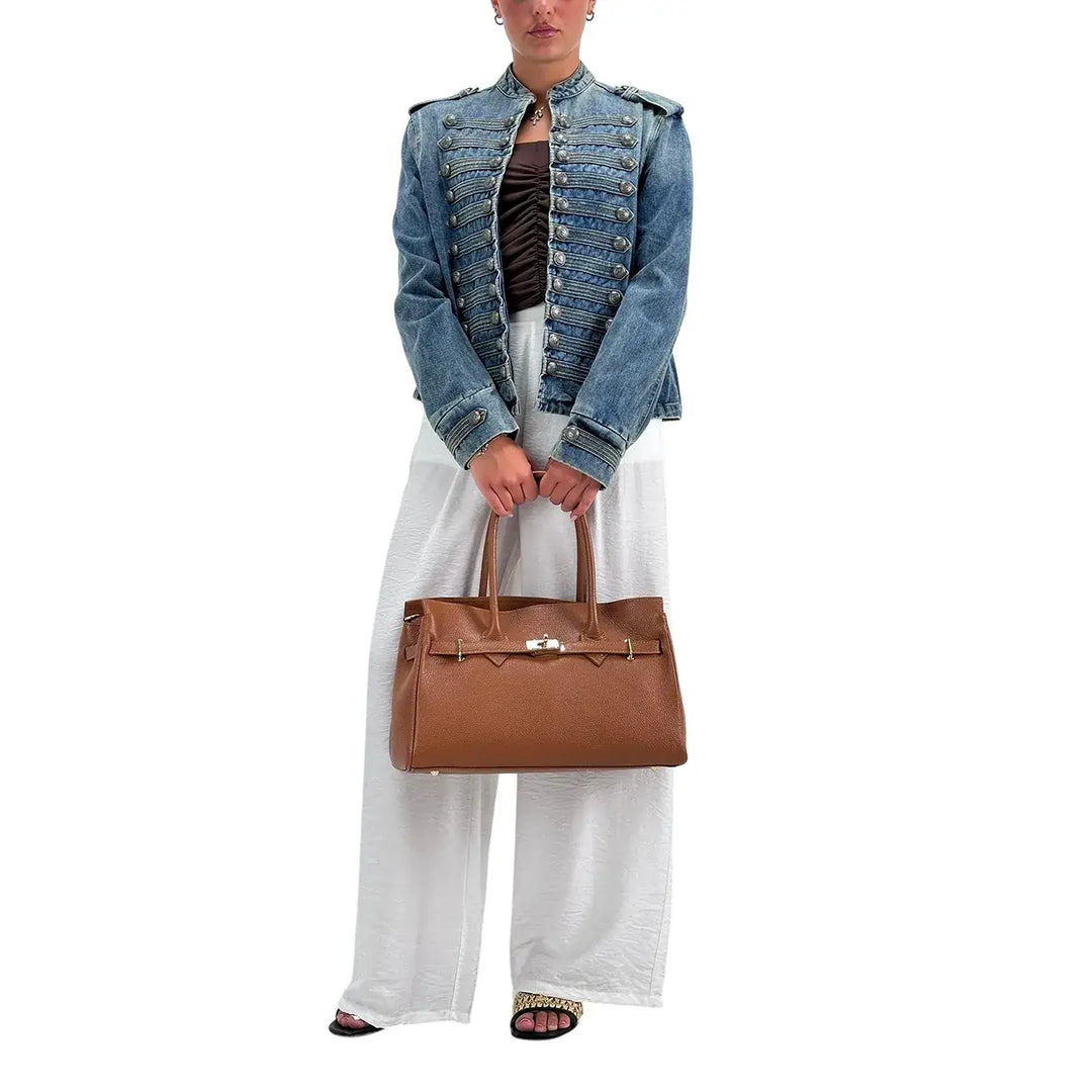 Bassini Giubbotto Donna Blu Medio in Denim Washed Stile Napoleone