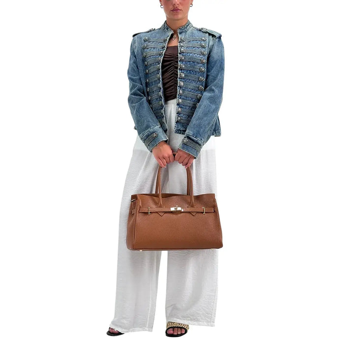 Bassini Giubbotto Donna Blu Medio in Denim Washed Stile Napoleone